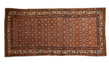 Vintage Kurdish Hamadan runner, lattice vine floral pattern, madder red, camel, sapphire blue. 3'9