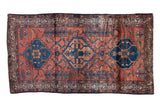 Lustrous antique Borchalou runner, madder red, cobalt blue medallions, mahi mahi, 3'3