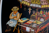 K Chin Frankfurters vintage lithograph, vendor in hat and glasses, detailed hot dog cart.