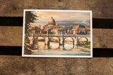 Vintage 1970s Rome Italy Sant Angelo bridge landscape lithograph with rich, beautiful colors.