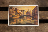 Vintage lithograph of a romantic Venice bridge landscape in rich, warm sunset colors.