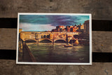 Vintage Ponte Vecchio Italy lithograph, rich beautiful colors of bridge, river, and sky. 13x19.