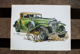 Iconic vintage Duesenberg car lithograph showing chrome grill and round headlight.