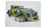 Authentic vintage Duesenberg lithograph of a green antique car with a tan roof.