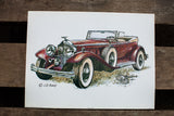 Vintage lithograph depicting a burgundy antique convertible car and tennis rackets.