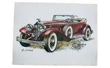 Authentic vintage lithograph of a burgundy antique convertible car with whitewall tires.