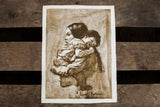 Vintage Palmieri lithograph of a mother and child with a textured, painterly style in brown and white.
