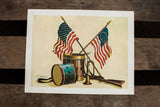 Vintage A.B. Maguire Americana lithograph with two US flags, drums, bugle, and rifle.