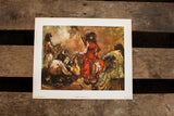 Vintage lithograph of a Gypsy Flamenco Dancer, featuring a striking red dress and warm, earthy colors.