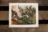 Vintage Spanish lithograph 'Gypsy Camp' depicting a wooded scene with figures in rich, atmospheric colors.