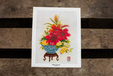 K Chin's Tulips Orientale lithograph with vibrant red and yellow flowers in a blue and white patterned bowl.