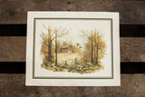 Vintage 1979 Massa lithograph of a rustic fall landscape with a distant barn and flying birds.