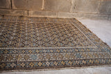 Earthtone Caucasian rug detail, repeating boteh pattern, geometric border, and woven tattered edge.