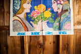 Vintage Chinese advertising poster showing blue text and fold marks on its bottom left.