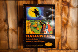 Vintage Halloween book poster with an illustrated witch flying over a full moon and a pumpkin patch.