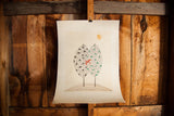 Vintage Keiko Minami multi-color etching print showing geometric trees, red bird, orange sun.
