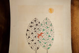Keiko Minami whimsical etching: geometric black and green leaves, red bird, orange sun.