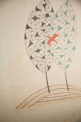 Close-up of Keiko Minami etching's lower left, showing faint 'e'preuve d'artist' signature and striped ground.