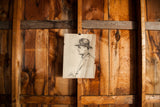Contemplative side profile sketch of a gentleman on aged paper with worn edges.