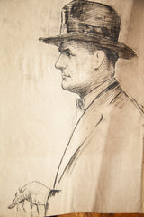 The gentleman's bow tie, neck, and jawline in the vintage sketch.