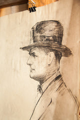 Vintage sketch detail of a gentleman's profile, hat, and bow tie in charcoal.