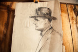 Close-up of the vintage sketch, featuring the gentleman's contemplative profile and bow tie.