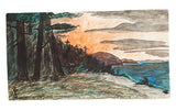 Intricate vintage landscape ink drawing showing a dark forested coast at sunset.