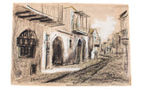 Signed Zvi Raphaeli 1960 gouache painting of an Israeli street scene.