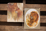 Vintage Lion and cub lithograph set, warm brown tones, visible corner rips and uneven edges, 9x11.