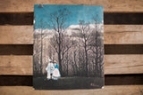 Whimsical H. Rousseau lithograph of a couple walking through a forest of bare trees.