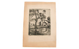 Vintage 1943 P. Menim 'Rustico' etching of a detailed rural scene on browned paper.