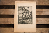 Intricate 1943 P. Menim 'Rustico' etching featuring a detailed rustic landscape on aged paper.