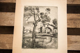 Right side of P. Menim's 'Rustico' etching, showing an arched building, water, and aged paper.