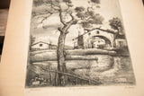 Menim's 1943 'Rustico' etching: signature, intricate rustic scene, browned paper.