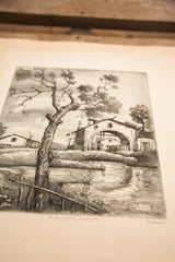 Bottom right detail of Menim 1940's etching, water, reeds, signature, 'E originale' text.