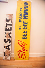 Mid Century Bee Gee sign bottom with red 'Style!' text and worn yellow paint.