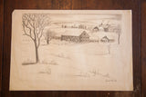 Original hand drawn winter farm scene, bare trees, rolling hills, signed Grant Arnold.