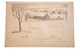 Pencil drawing: enchanting winter farm scene with expressive bare trees on aged paper.