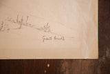 Artist Grant Arnold's pencil signature on aged paper, showing a folded corner and water mark.