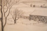 Pencil drawing close-up of a bare tree, farm barn, fences, and distant silo.