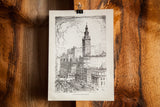 Monochrome print detail of Old Madison Square Garden's tower and cloudy sky.