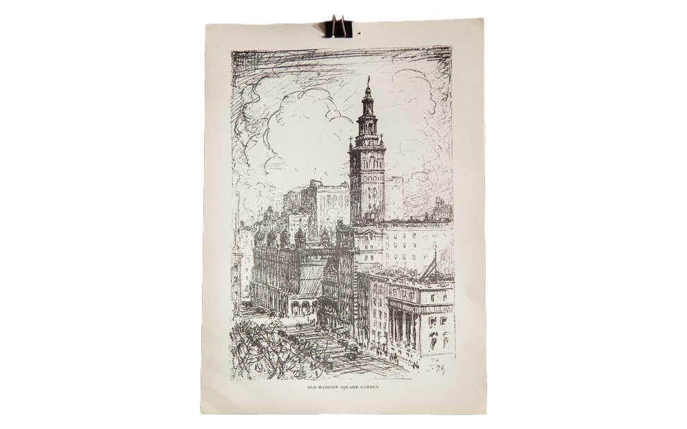 Old Madison Square Garden vintage lithograph print, monochrome architectural cityscape, 7.75 by 10.75 inches.