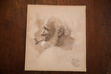 Old Smiling Man with Pipe portrait, frothy white beard, sepia tones, circa 1935.