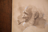 Wise man's furry brow and ear detail on creased brown-tinted paper.