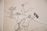 Don Freeman Hitchhiker Drawing detail: 'CITY LIMITS' sign, birds, and hilly road in black ink.