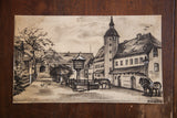 Vintage ink and pastel drawing of an old European manor and stables scene by Arensen.