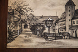 Central scene of an antique drawing showing a woman beside a hay wagon and ducks.