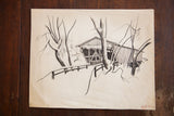 Wintery Covered Bridge drawing on paper shows snow-covered bridge, bare trees, and town. Signed Holmgren.