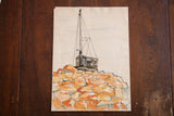 Vintage watercolor painting on paper with a visible horizontal crease and dull corners.