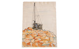 Industrial watercolor of a man and machine atop a mountainous heap of orange boulders.